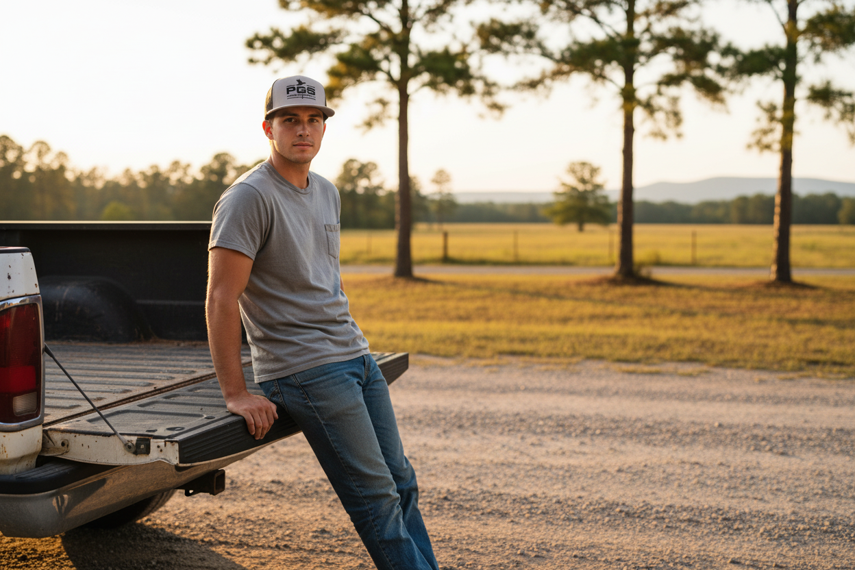 Man wearing PGS Everyday Hat leaning against a truck tailgate on a Southern dirt road