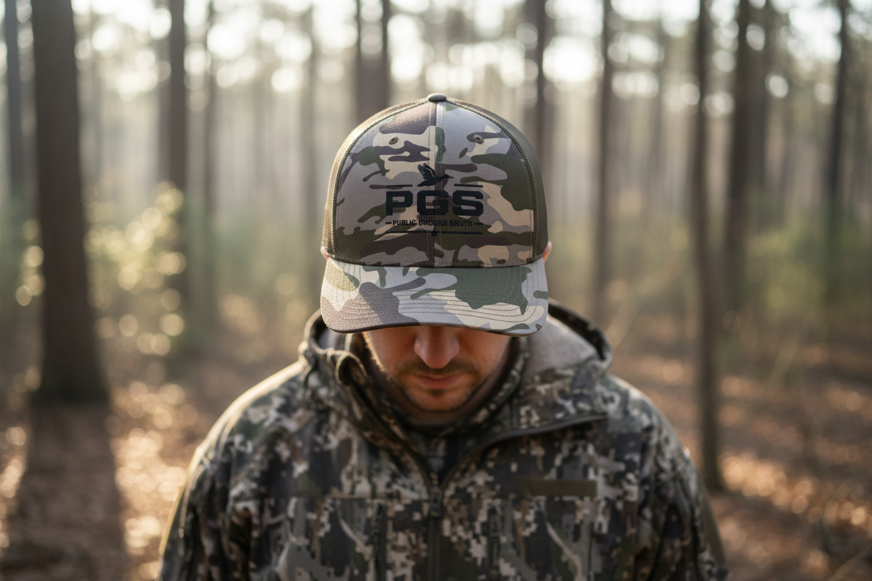 Hunter wearing PGS Camo Hat in Southern hardwood forest showing front logo