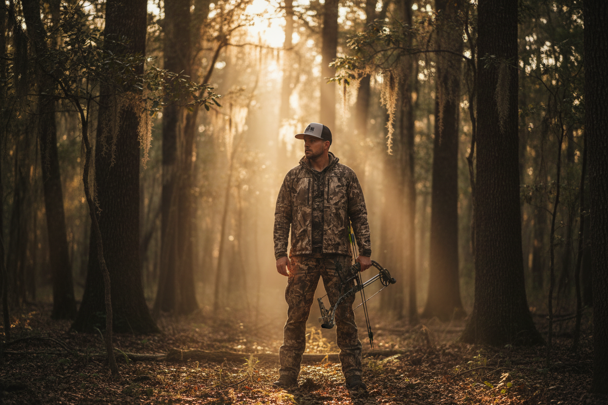 Hunter in camo wearing PGS Everyday Hat in Southern hardwood forest at golden hour